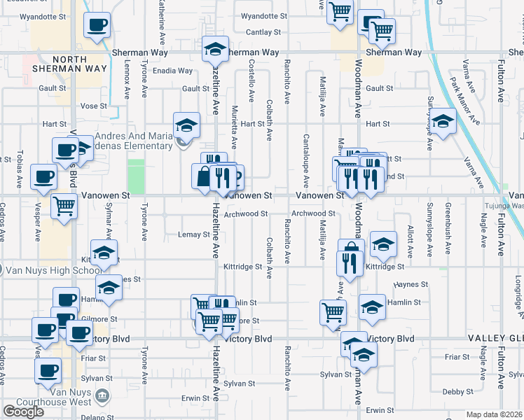 map of restaurants, bars, coffee shops, grocery stores, and more near 13947 Archwood Street in Los Angeles