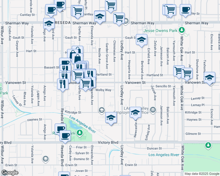 map of restaurants, bars, coffee shops, grocery stores, and more near 18149 Welby Way in Los Angeles