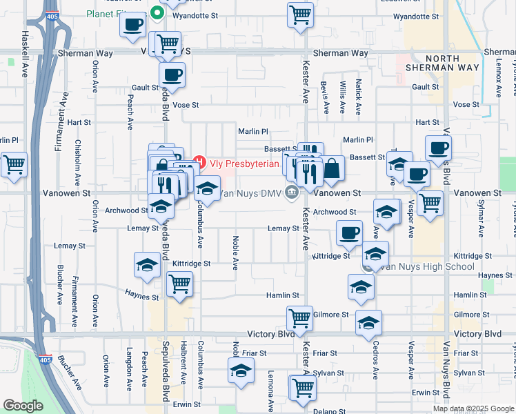 map of restaurants, bars, coffee shops, grocery stores, and more near 15017 Archwood Street in Los Angeles