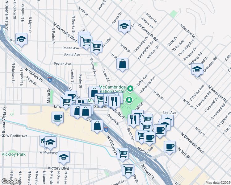 map of restaurants, bars, coffee shops, grocery stores, and more near 1555 Scott Road in Burbank