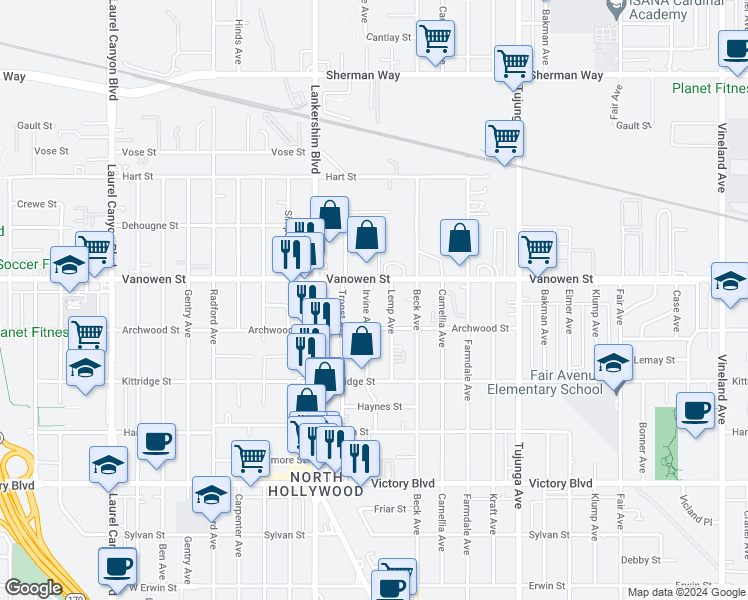 map of restaurants, bars, coffee shops, grocery stores, and more near 6707 Irvine Avenue in Los Angeles