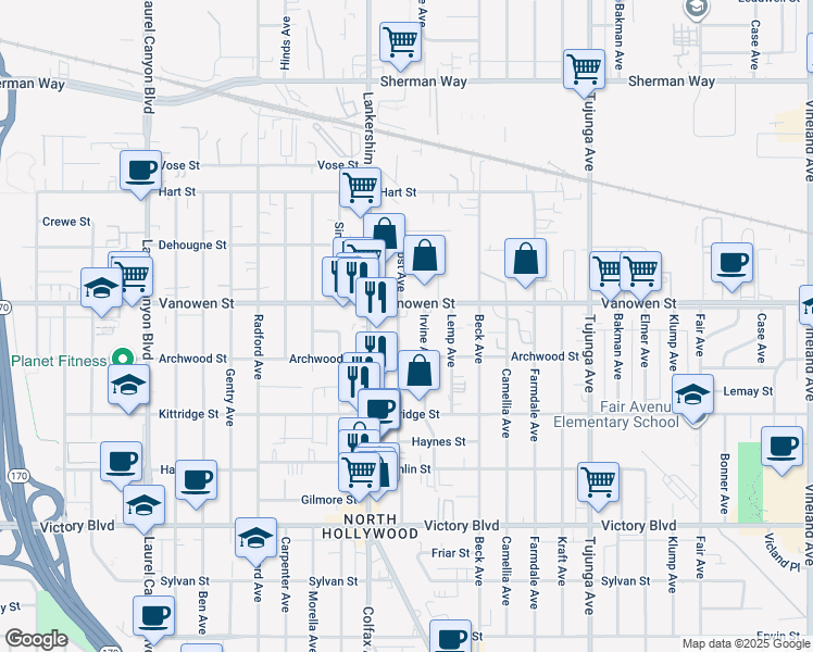 map of restaurants, bars, coffee shops, grocery stores, and more near 6707 Irvine Avenue in Los Angeles