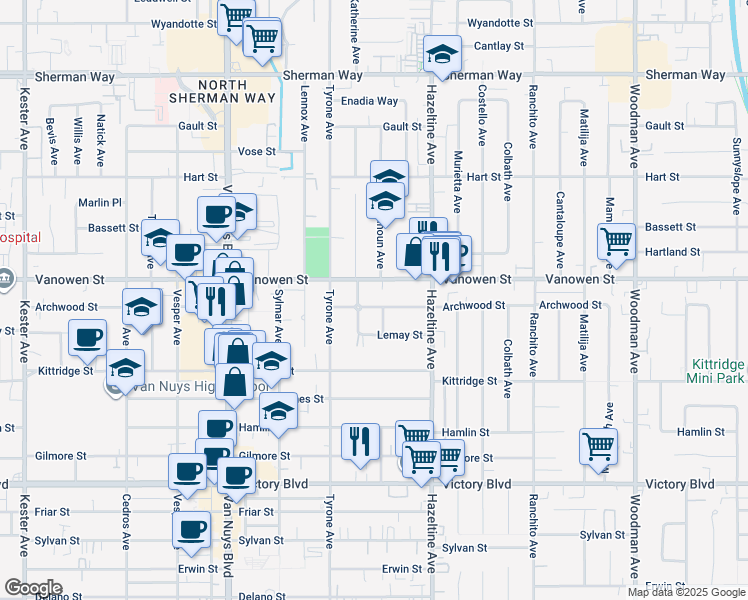 map of restaurants, bars, coffee shops, grocery stores, and more near 6718 Katherine Avenue in Los Angeles