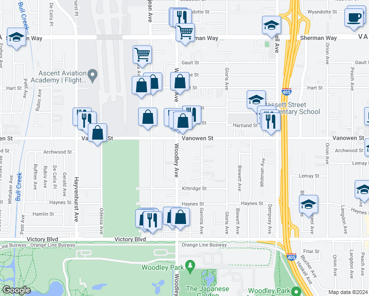 map of restaurants, bars, coffee shops, grocery stores, and more near 6710 Woodley Avenue in Los Angeles
