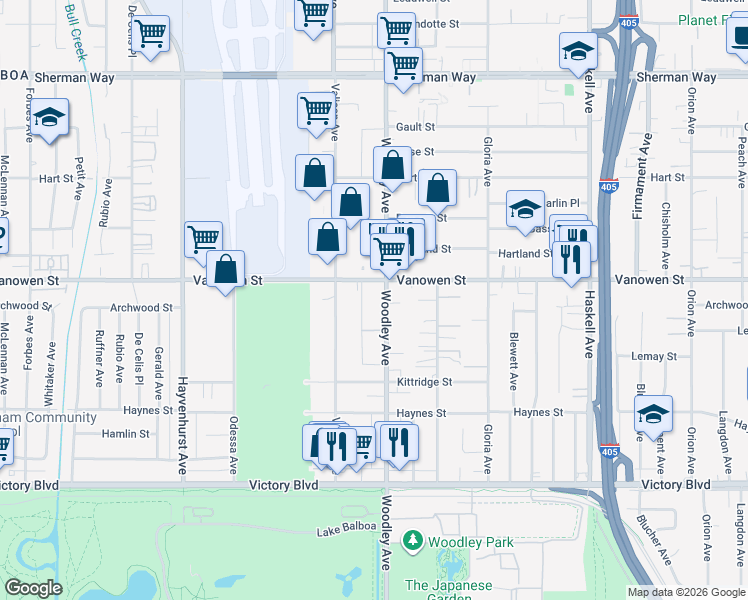 map of restaurants, bars, coffee shops, grocery stores, and more near 6710 Woodley Avenue in Los Angeles