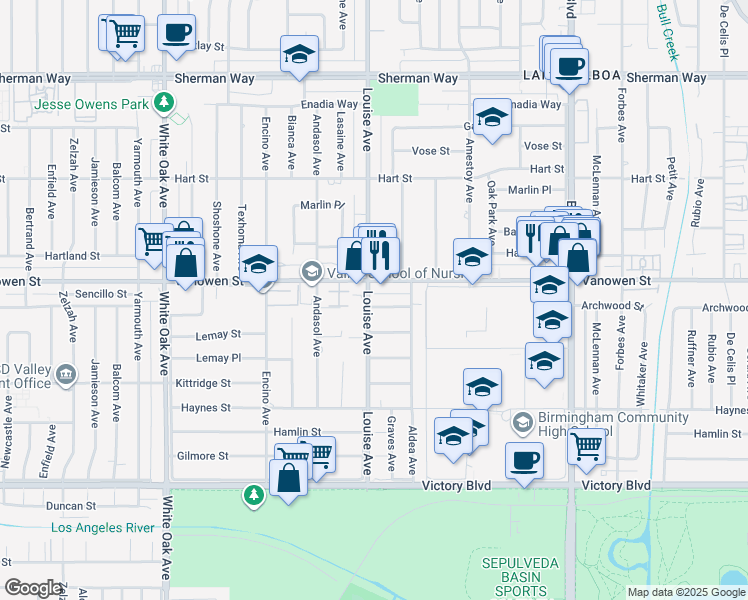 map of restaurants, bars, coffee shops, grocery stores, and more near 17239 Archwood Street in Los Angeles