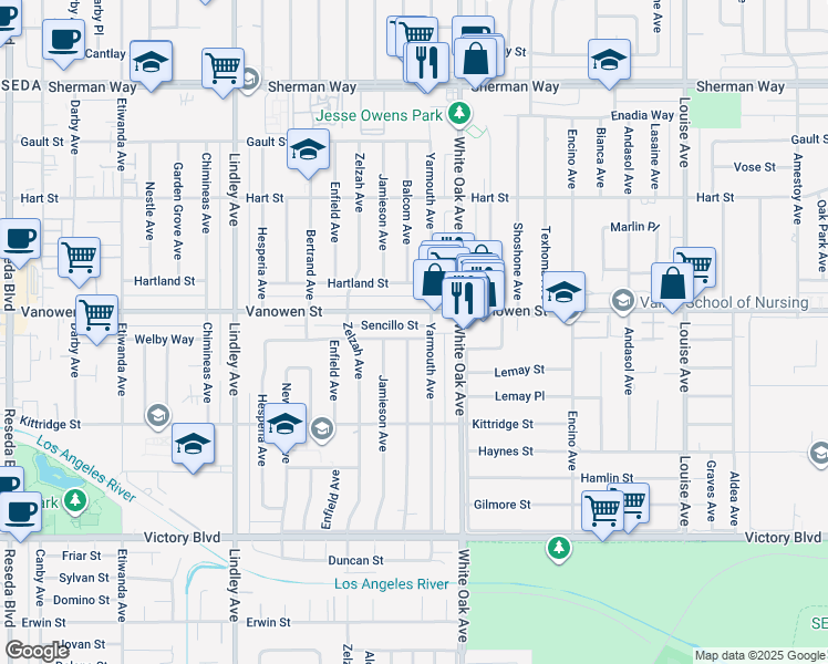 map of restaurants, bars, coffee shops, grocery stores, and more near 6707 Balcom Avenue in Los Angeles