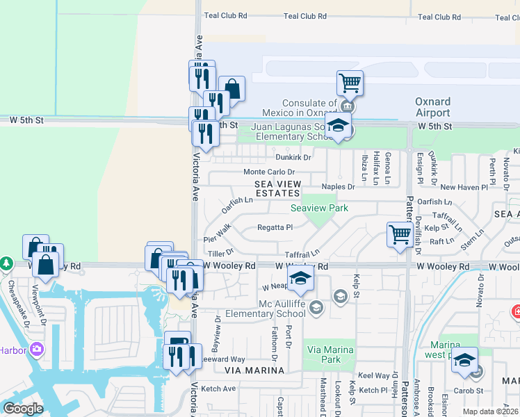 map of restaurants, bars, coffee shops, grocery stores, and more near 3541 Regatta Place in Oxnard