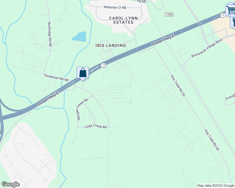 map of restaurants, bars, coffee shops, grocery stores, and more near 120 Hewett-Burton Road Southeast in Leland