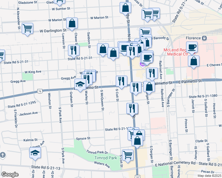 map of restaurants, bars, coffee shops, grocery stores, and more near 308 South McQueen Street in Florence