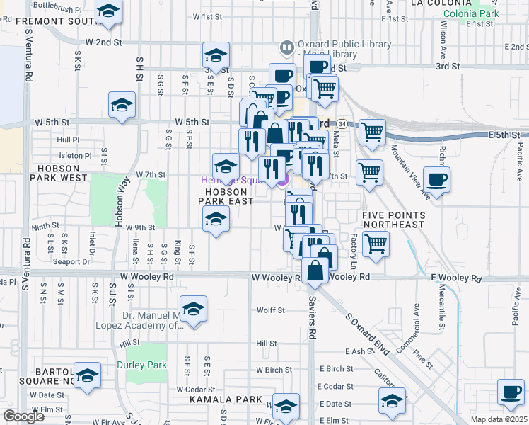 map of restaurants, bars, coffee shops, grocery stores, and more near in Oxnard