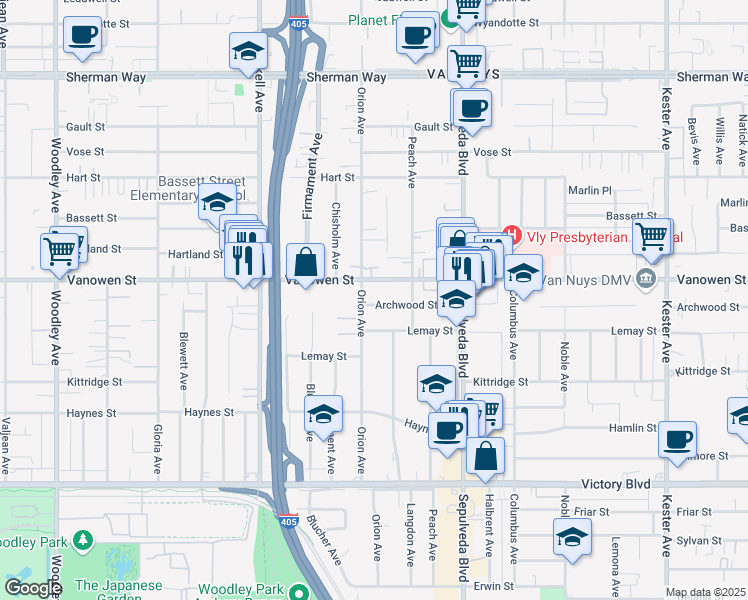 map of restaurants, bars, coffee shops, grocery stores, and more near 15445 Archwood Street in Los Angeles