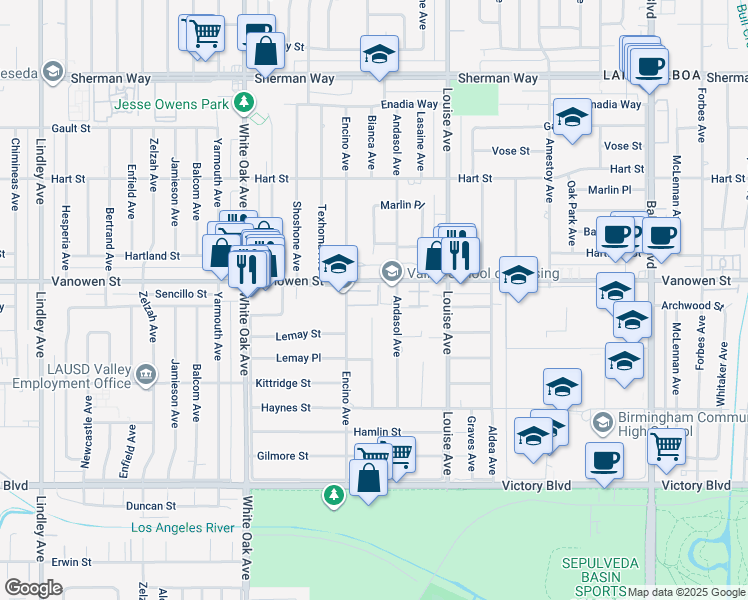 map of restaurants, bars, coffee shops, grocery stores, and more near 17430 Vanowen Street in Los Angeles