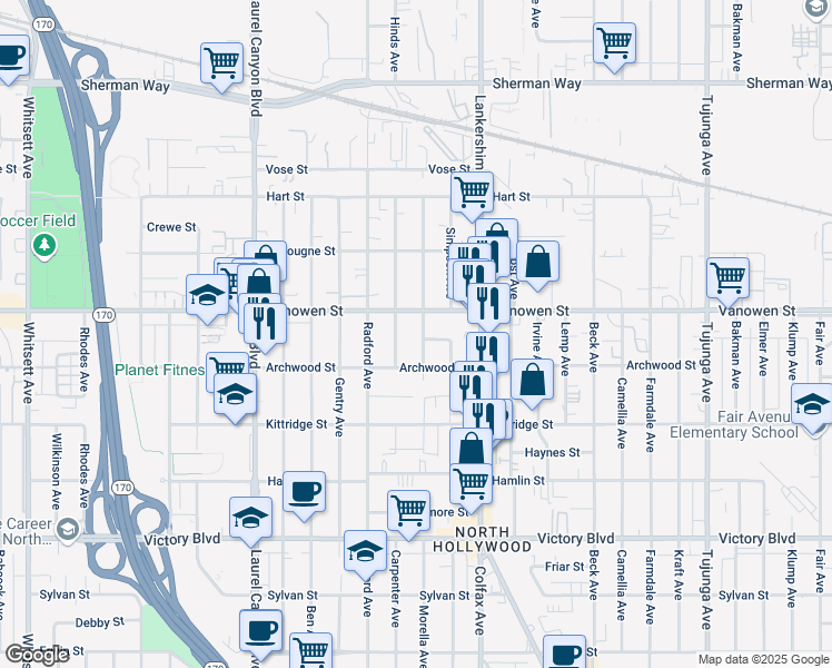 map of restaurants, bars, coffee shops, grocery stores, and more near 6735 Morella Avenue in Los Angeles