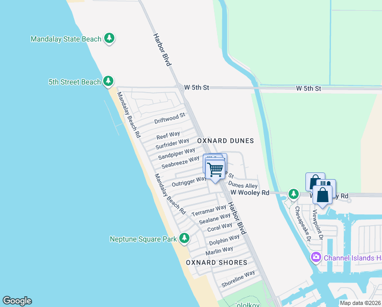 map of restaurants, bars, coffee shops, grocery stores, and more near 5142 Sandpiper Way in Oxnard