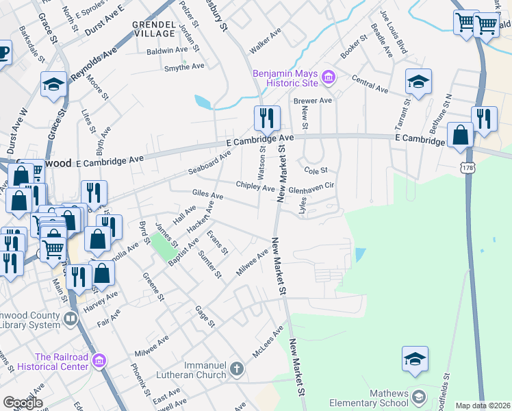 map of restaurants, bars, coffee shops, grocery stores, and more near 661 Gilliam Avenue in Greenwood