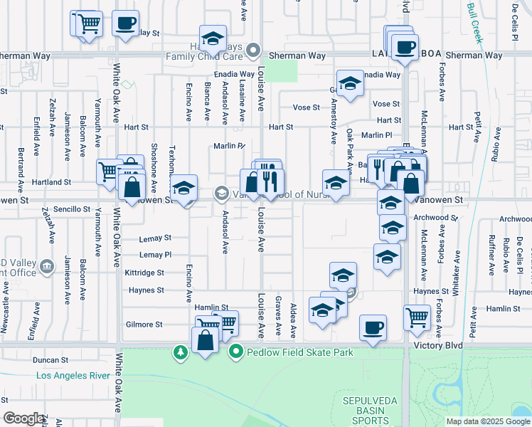 map of restaurants, bars, coffee shops, grocery stores, and more near 17257 Welby Way in Los Angeles