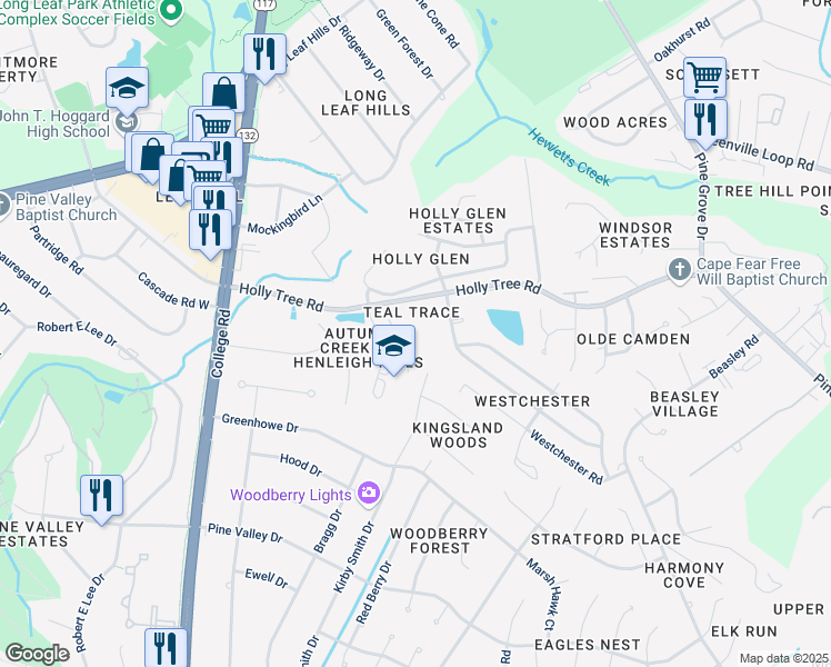 map of restaurants, bars, coffee shops, grocery stores, and more near 3818 Blue Wing Court in Wilmington