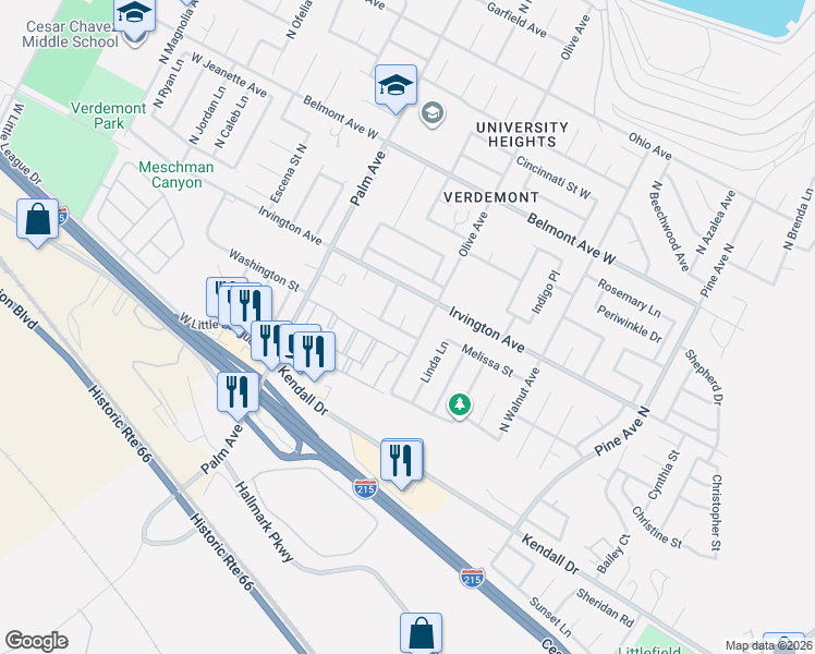map of restaurants, bars, coffee shops, grocery stores, and more near 2925 Jo an Drive in San Bernardino