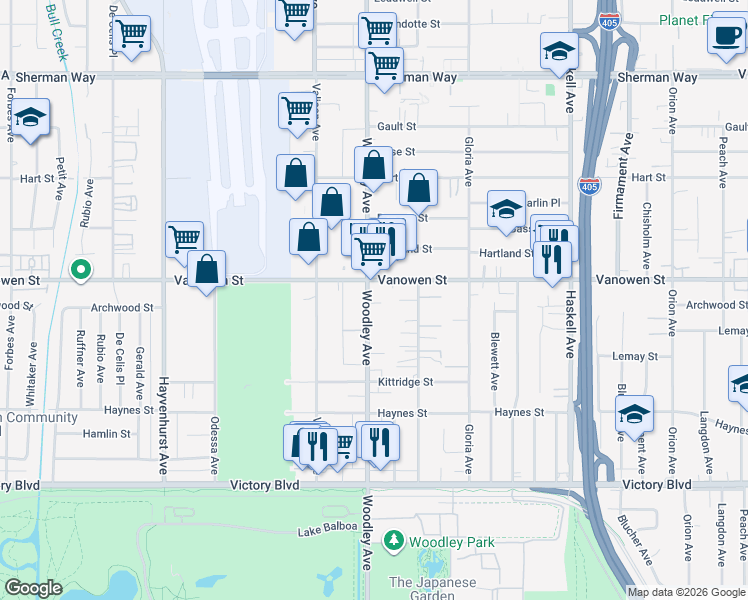 map of restaurants, bars, coffee shops, grocery stores, and more near 6710 Woodley Avenue in Los Angeles