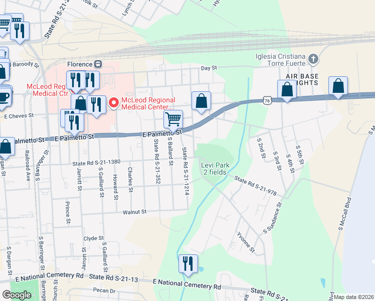 map of restaurants, bars, coffee shops, grocery stores, and more near 1106 East Pine Street in Florence