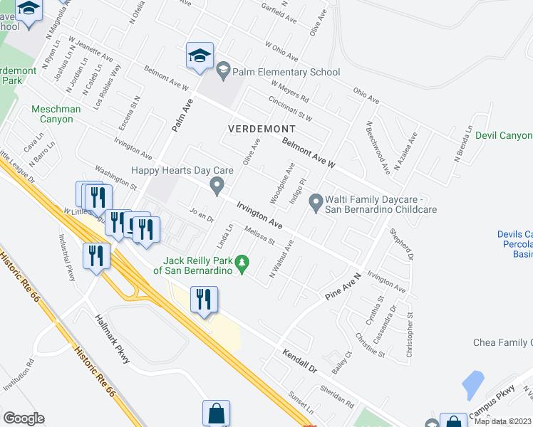 map of restaurants, bars, coffee shops, grocery stores, and more near 2778 Irvington Avenue in San Bernardino