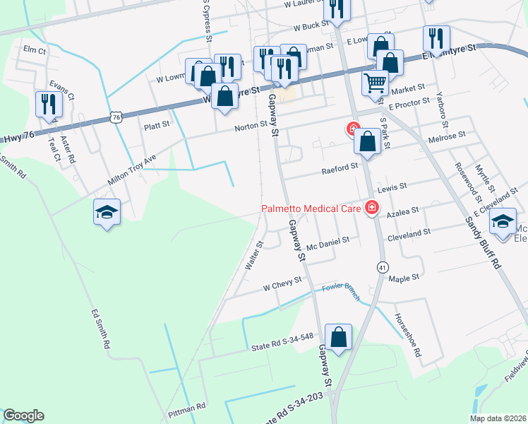 map of restaurants, bars, coffee shops, grocery stores, and more near Martin Road in Mullins