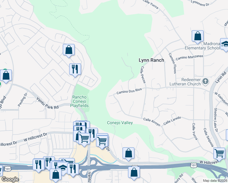 map of restaurants, bars, coffee shops, grocery stores, and more near 1153 Camino Dos Rios in Thousand Oaks