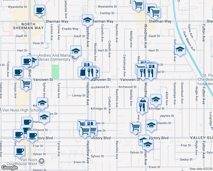 map of restaurants, bars, coffee shops, grocery stores, and more near 13947 Archwood Street in Los Angeles