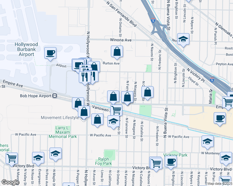 map of restaurants, bars, coffee shops, grocery stores, and more near 2255 North Ontario Street in Burbank