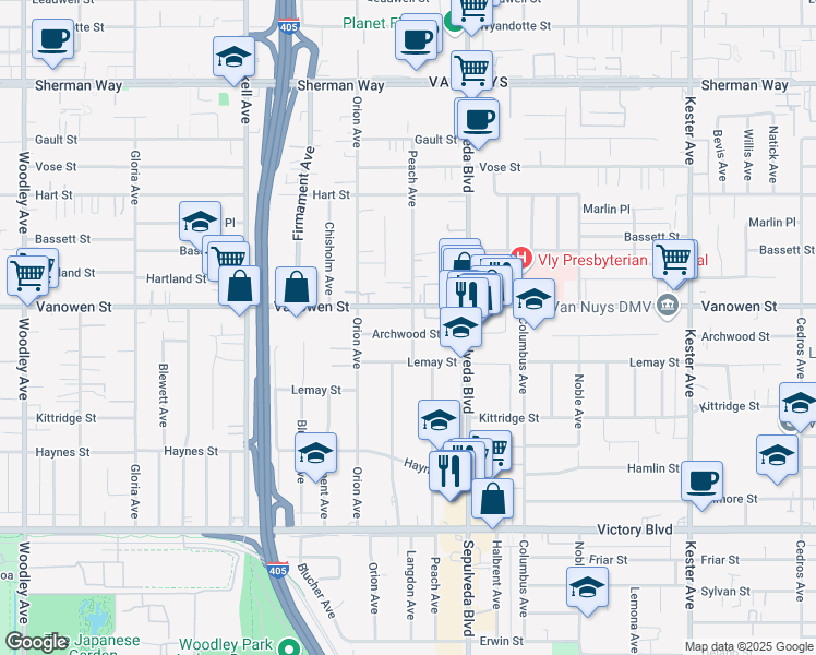 map of restaurants, bars, coffee shops, grocery stores, and more near 15401 Archwood Street in Los Angeles