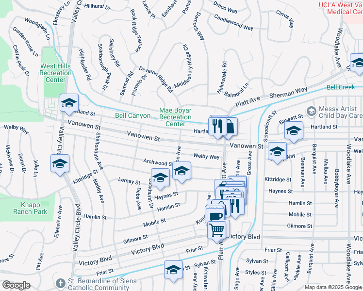 map of restaurants, bars, coffee shops, grocery stores, and more near 23908 Welby Way in Los Angeles