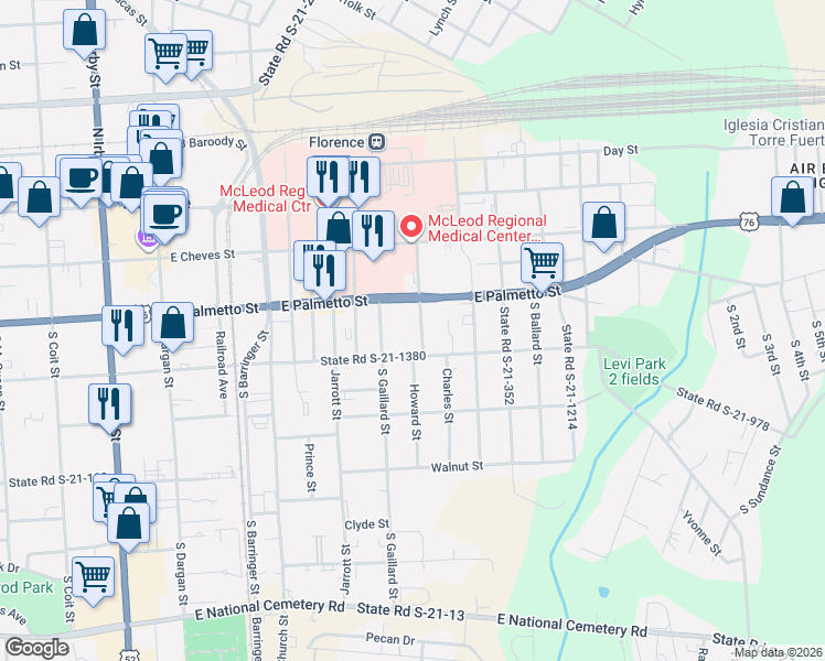 map of restaurants, bars, coffee shops, grocery stores, and more near 609 East Pine Street in Florence