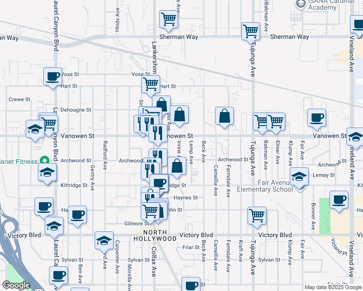 map of restaurants, bars, coffee shops, grocery stores, and more near 6707 Irvine Avenue in Los Angeles