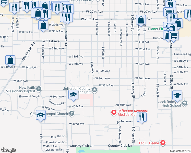 map of restaurants, bars, coffee shops, grocery stores, and more near 1704 West 36th Avenue in Pine Bluff