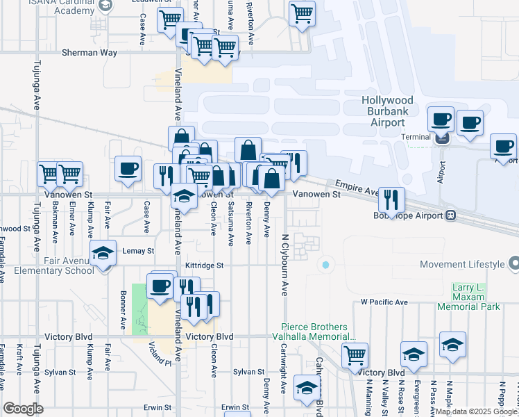 map of restaurants, bars, coffee shops, grocery stores, and more near 6737 Denny Avenue in Los Angeles