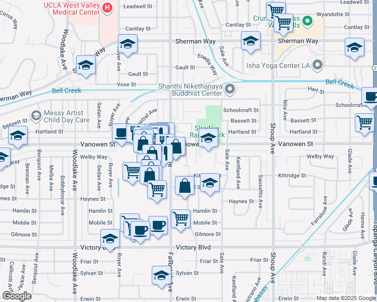 map of restaurants, bars, coffee shops, grocery stores, and more near 6723 Vicky Avenue in Los Angeles