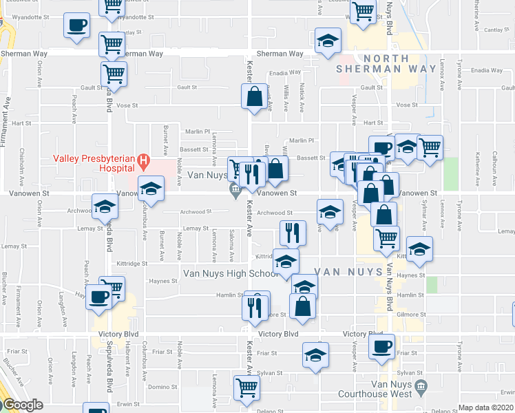 map of restaurants, bars, coffee shops, grocery stores, and more near 14830 Archwood Street in Los Angeles