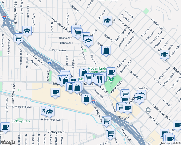 map of restaurants, bars, coffee shops, grocery stores, and more near 1620 North San Fernando Boulevard in Burbank