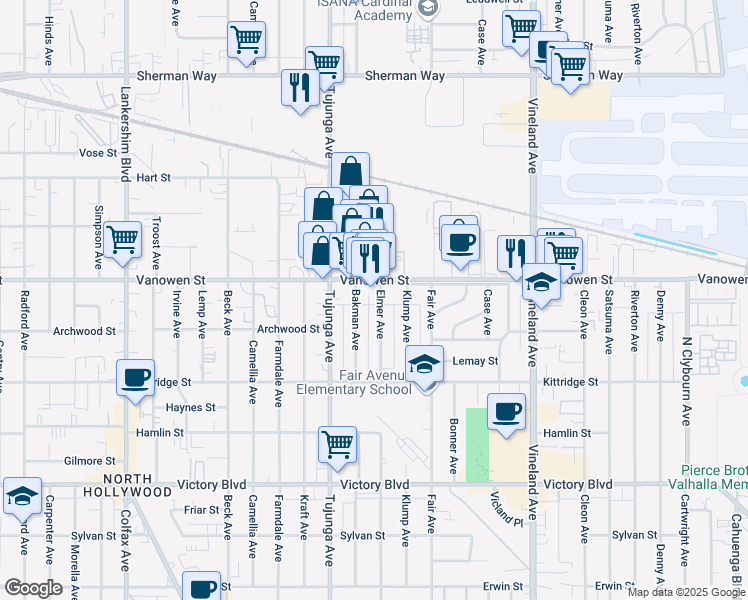 map of restaurants, bars, coffee shops, grocery stores, and more near 6735 Elmer Avenue in Los Angeles