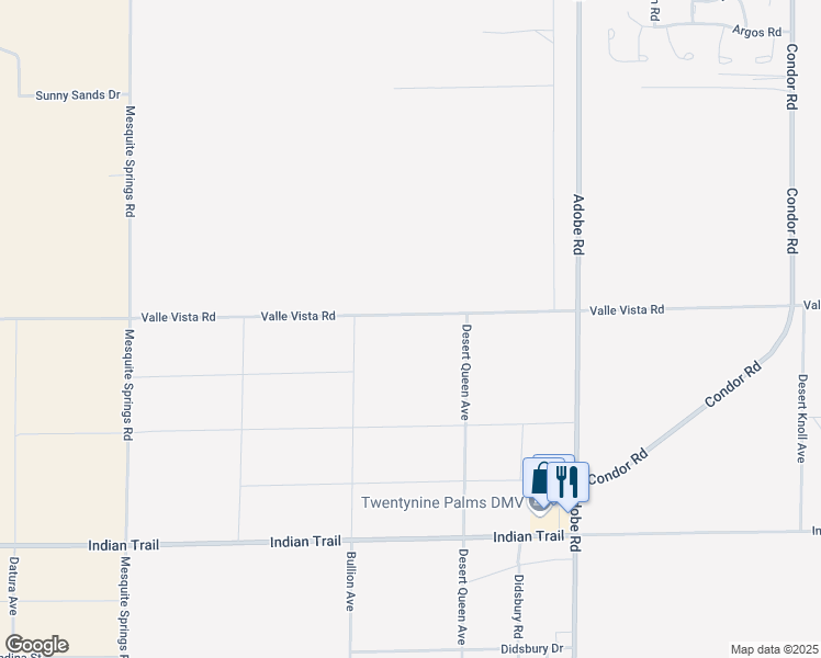 map of restaurants, bars, coffee shops, grocery stores, and more near Valle Vista Road in Twentynine Palms