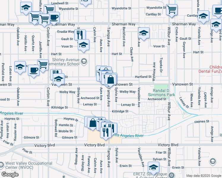 map of restaurants, bars, coffee shops, grocery stores, and more near 19247 Vanowen Street in Los Angeles