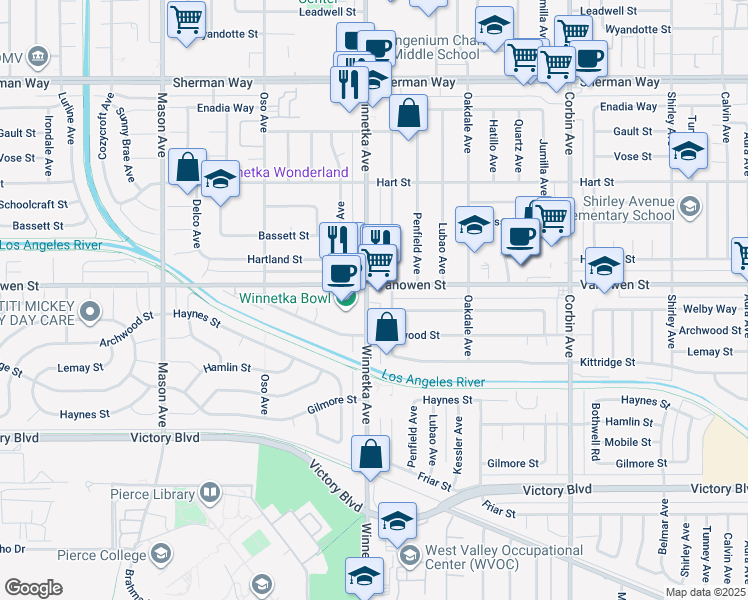 map of restaurants, bars, coffee shops, grocery stores, and more near 20055 Vanowen Street in Los Angeles