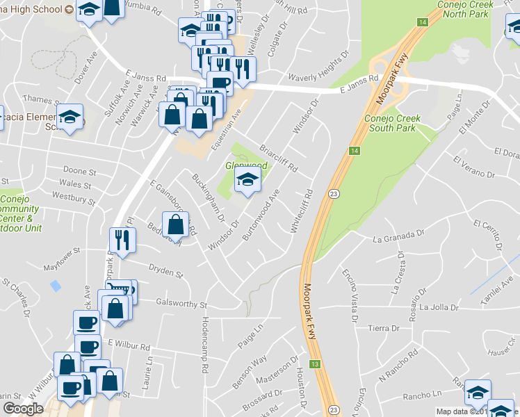map of restaurants, bars, coffee shops, grocery stores, and more near 1129 Burtonwood Avenue in Thousand Oaks
