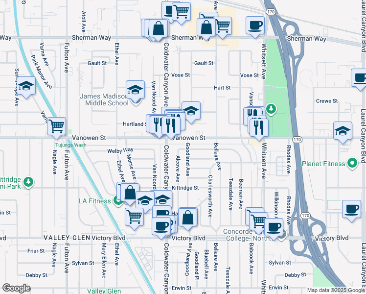 map of restaurants, bars, coffee shops, grocery stores, and more near 12809 Welby Way in Los Angeles