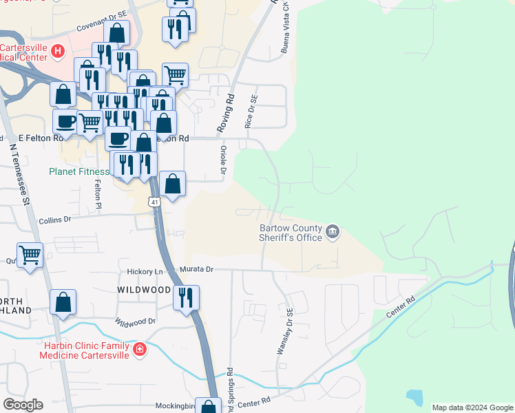 map of restaurants, bars, coffee shops, grocery stores, and more near 249 East Felton Road in Cartersville