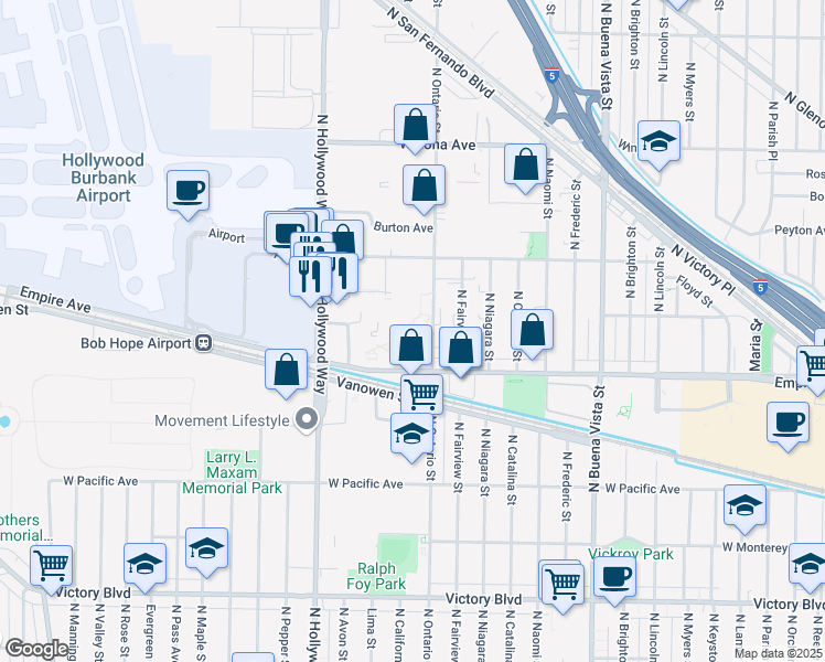 map of restaurants, bars, coffee shops, grocery stores, and more near 2255 North Ontario Street in Burbank