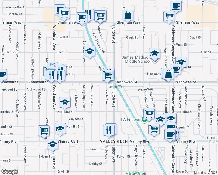 map of restaurants, bars, coffee shops, grocery stores, and more near 6742 Nagle Avenue in Los Angeles