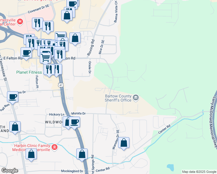 map of restaurants, bars, coffee shops, grocery stores, and more near 100106 Stonehaven Circle in Cartersville