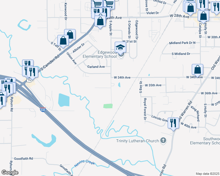 map of restaurants, bars, coffee shops, grocery stores, and more near 3502 South Apple Street in Pine Bluff